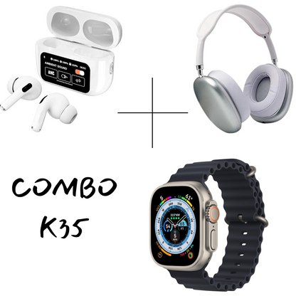 Combo K35: Smartwatch + Audífonos + Diadema